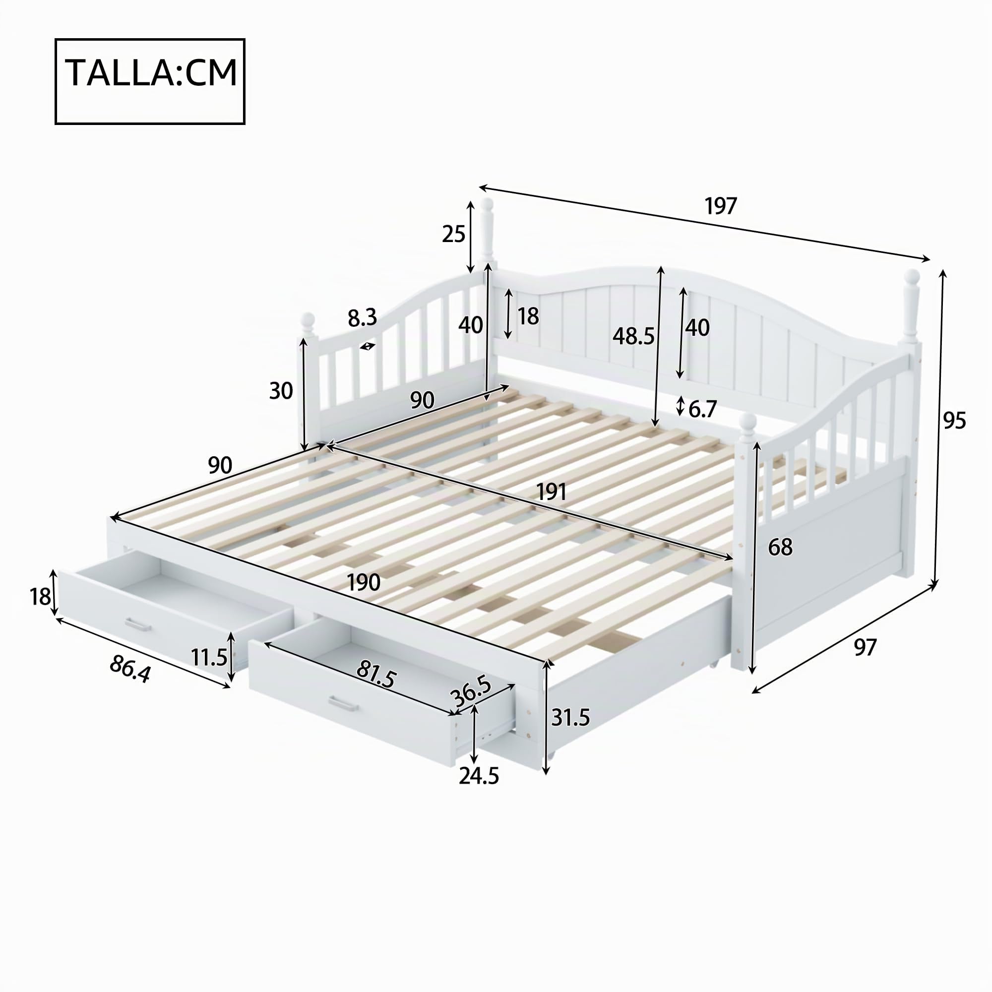 Kebnor Sofá cama extensible de madera maciza 90/180 x 190 cm, con columnas romanas, con respaldo y reposabrazos curvados, con cajones y somier (blanco)