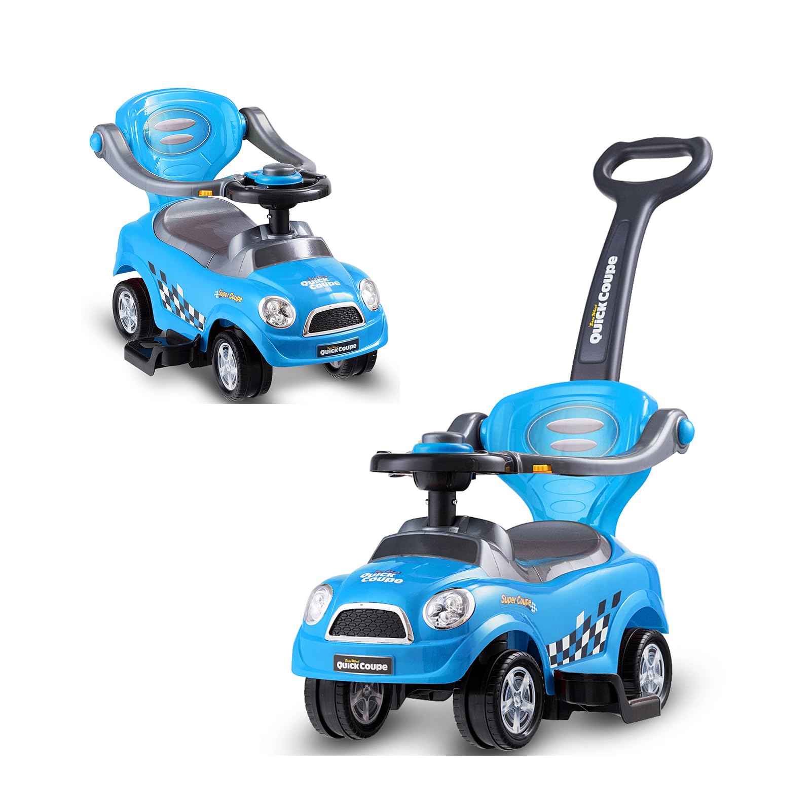 COSTWAY 3 en 1 Coche de Empuje Infantil, Coche para Niños de Pie con Barandillas Desmontables y Asa, Bocina, Espacio de Almacenamiento Oculto y Diseño Antivuelco para Niños de 2 a 6 Años (Azul)