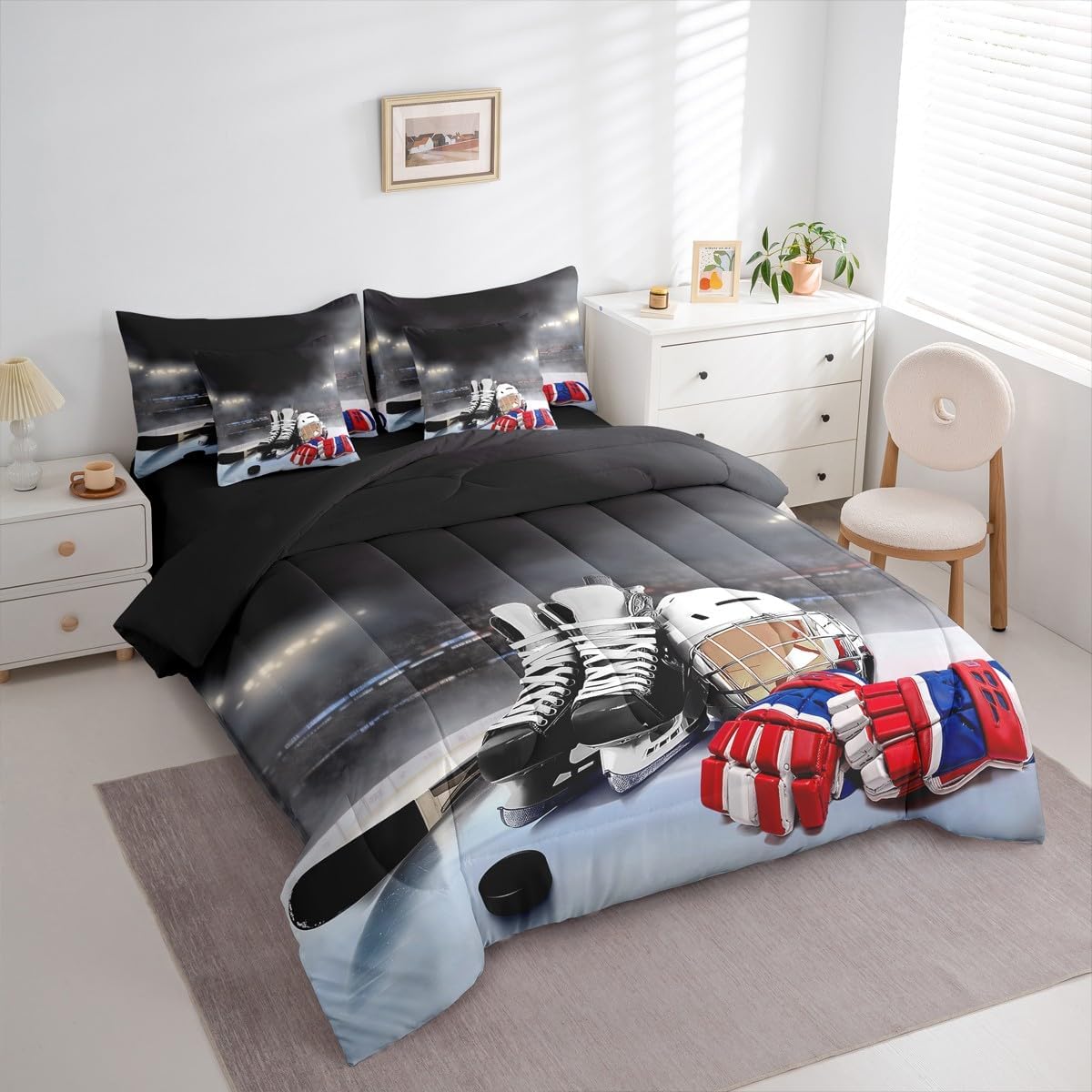 Erosebridal Ice Hockey Queen Comforter Set, Hockey Player 7-Piece Bed in A Bag, Boys Teens Sports Game Sheets and Pillowcases, Winter Sports Bed Sets