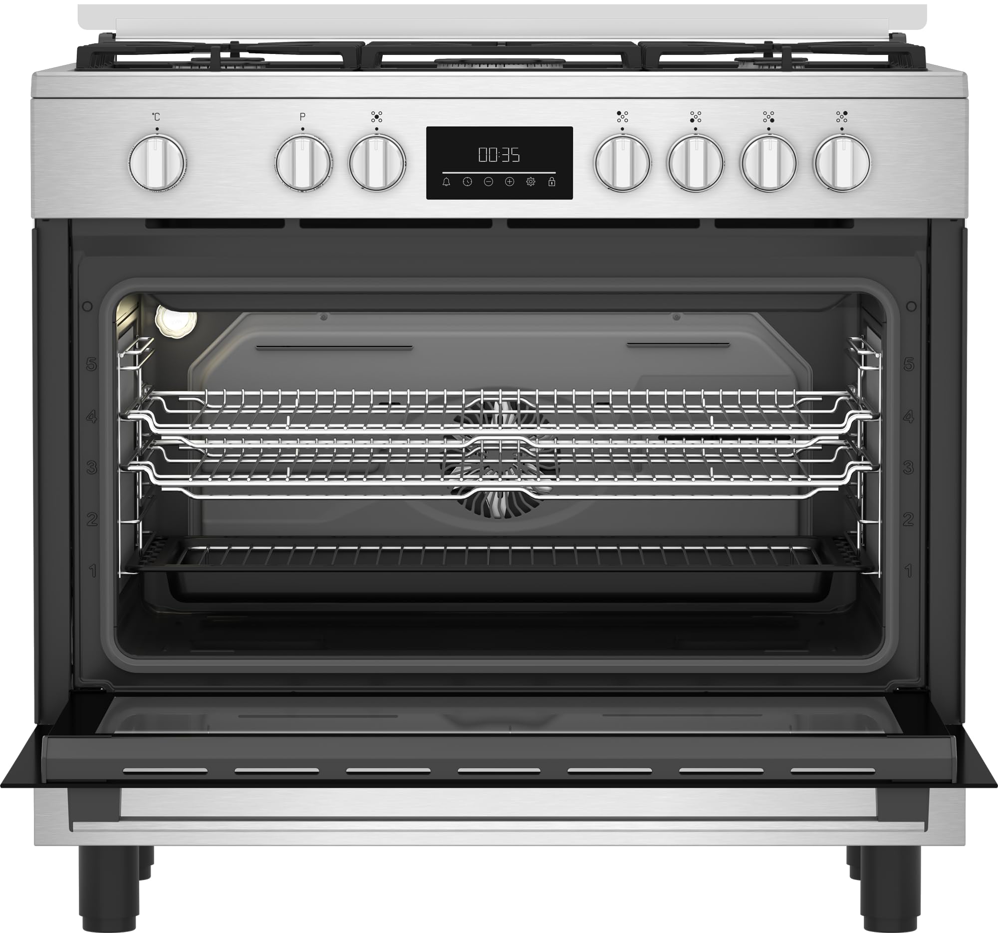 Beko Cucina a Gas 90x60 cm, BGM11226EX, Serie bPRO 500 Forno Multifunzione 111L, Piano Cottura 5 Fuochi con Tripla Corona, Griglie in Ghisa, Touch Control, Inox/Nero, Classe A+