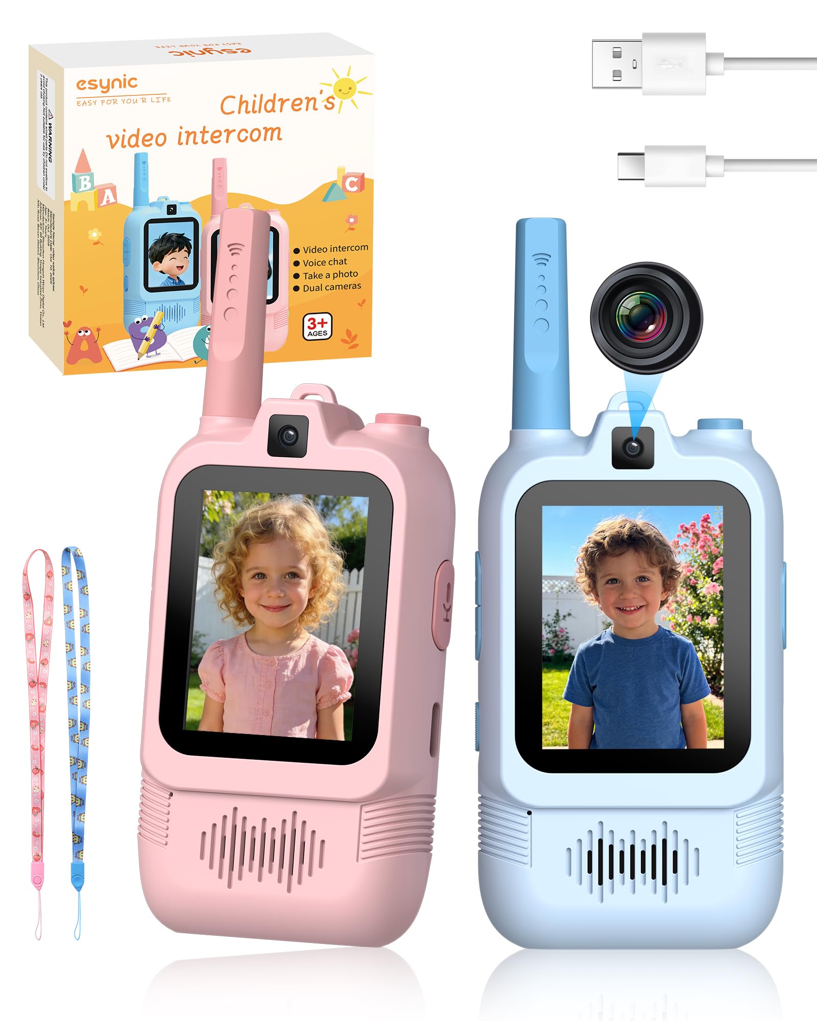eSynic Talkie Walkie Enfants Double Caméra Appels Vidéo Portée 500m Rechargeable Rose+Bleu