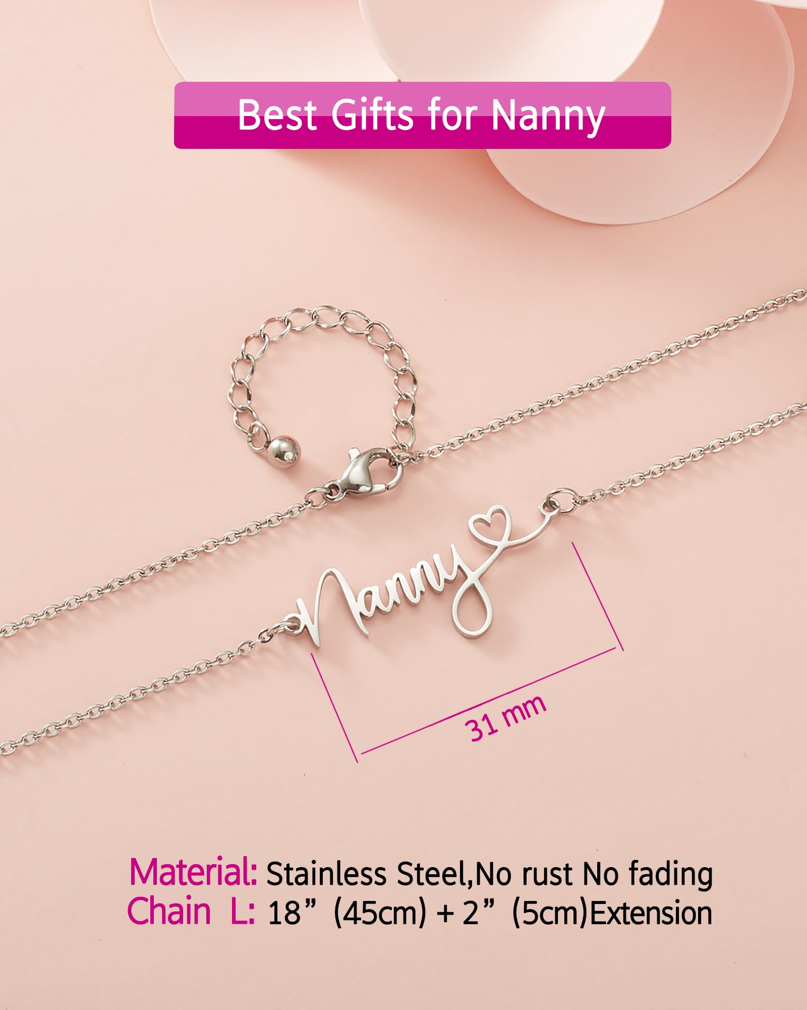 Grandma Necklace Nanny Jewelry Stainless Steel Cutout Gigi Mimi Nana Nanny Heart Letter Pendant Necklace Gifts for Grandma from Grandchild.