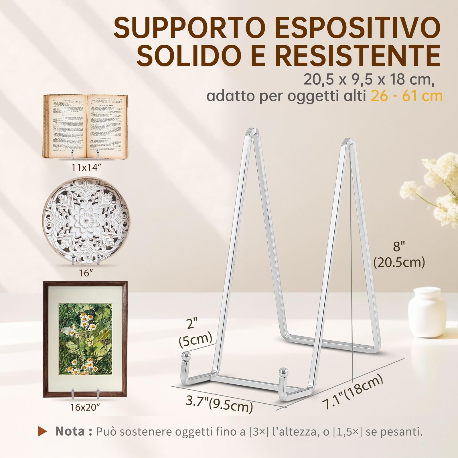 Supporto Cavalletto Per Piatti E Foto - Espositore In Ferro Argentato 20,5 Cm Per Tavolo