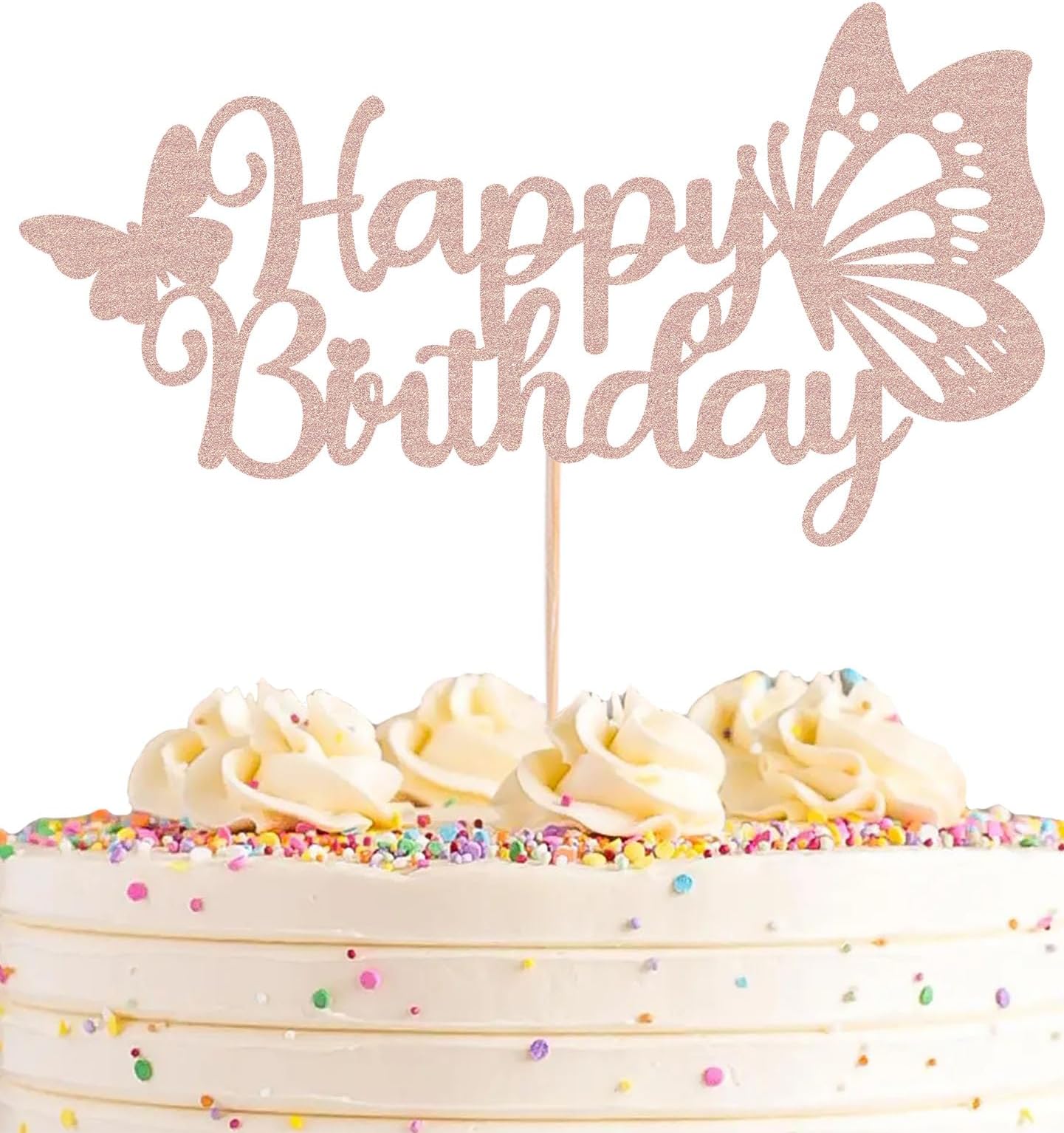 AHAORAY Butterfly with Happy Birthday Cake Topper - Rose Gold Glitter Happy Birthday Cake Bunting Decor - Butterfly Birthday Party Cake Decoration Supplies, for Photo Booth Props