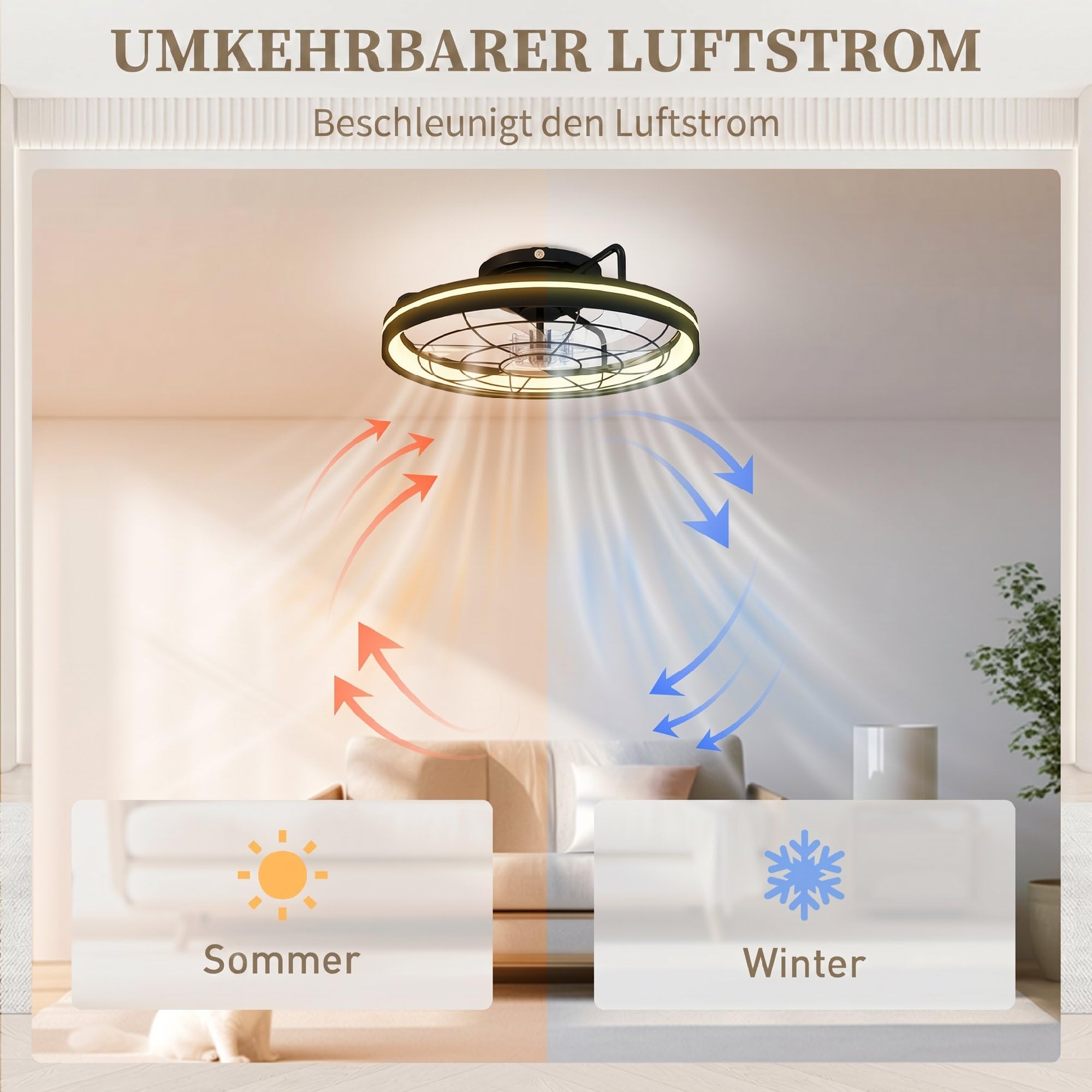 HOMCOM Deckenventilator mit Beleuchtung, Fernbedienung, Ø48 cm, 40 W LED Deckenleuchte mit Ventilator, 3 Lichtfarben, Timer, 6 Geschwindigkeiten, dimmbar, leiser DC Motor, Lampenschirm Schwarz