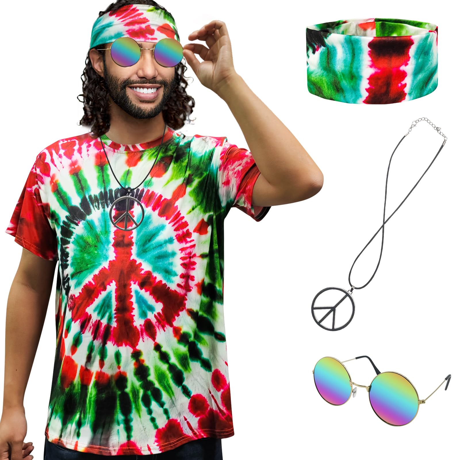 XonyiCos Hippie Costume for Men Women 60s and 70s colorful T-shirt sunglasses headband Peace necklace 4-piece theme party, Peace Red White 4-piece Set, S
