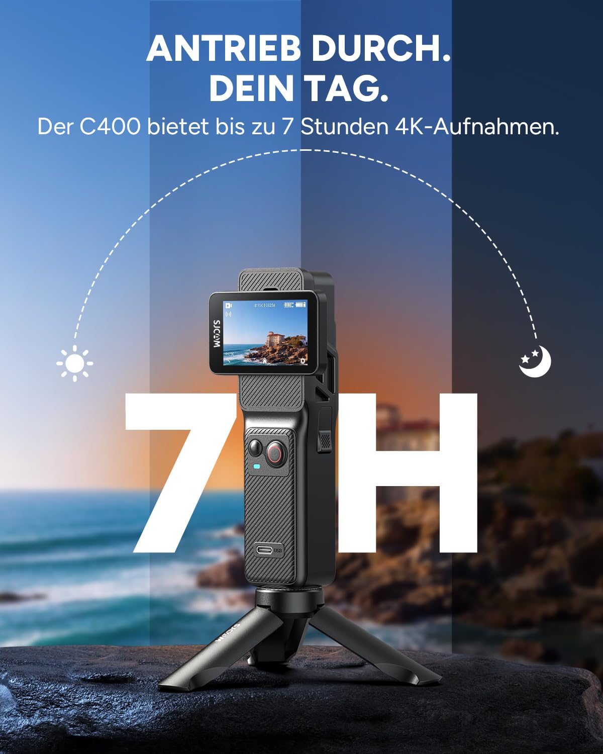SJCAM C400 Vlogging Camera 4K Videokamera,64GB,7 Stunden Akku und 6 Achsen Bildstabilisierung,Vlog Kamera mit Dual Touchscreen,Actionkamera 30M wasserdichte,Schwarz