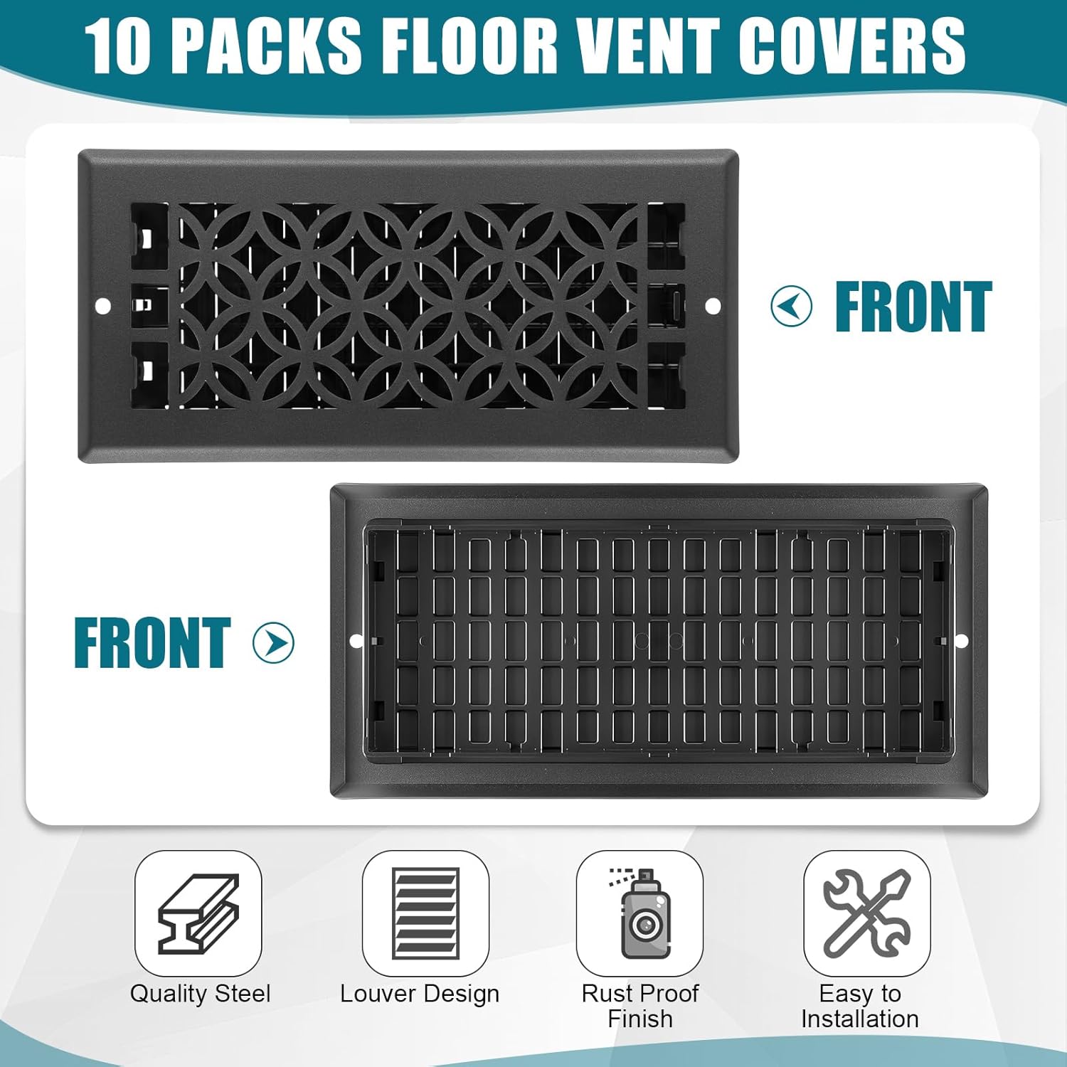 10 Pcs 4x10 Inch Heavy Duty Floor Register - Decorative Savannah Design Vent Covers - Walkable Adjust Air Supply Lever Steel Airflow Floor Vents with Screws for Home Heater Grilles (Black)