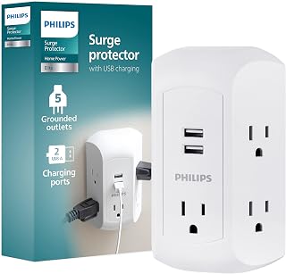 Philips 5-Outlet Extender, Grounded Wall Tap, 3-Prong, 2 USB-A