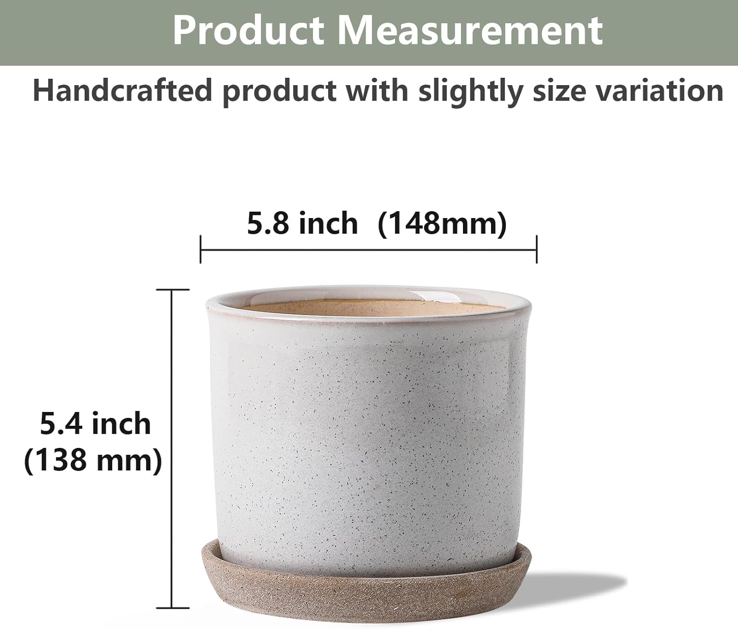 5.8 Inch Plant Pot: Ceramic Planter with Drainage Hole & Saucer - Cylinder Round Flowerpot for Indoor & Outdoor Plants - with Separate Tray for Home & Office - Retro Style, Grey - Image 2