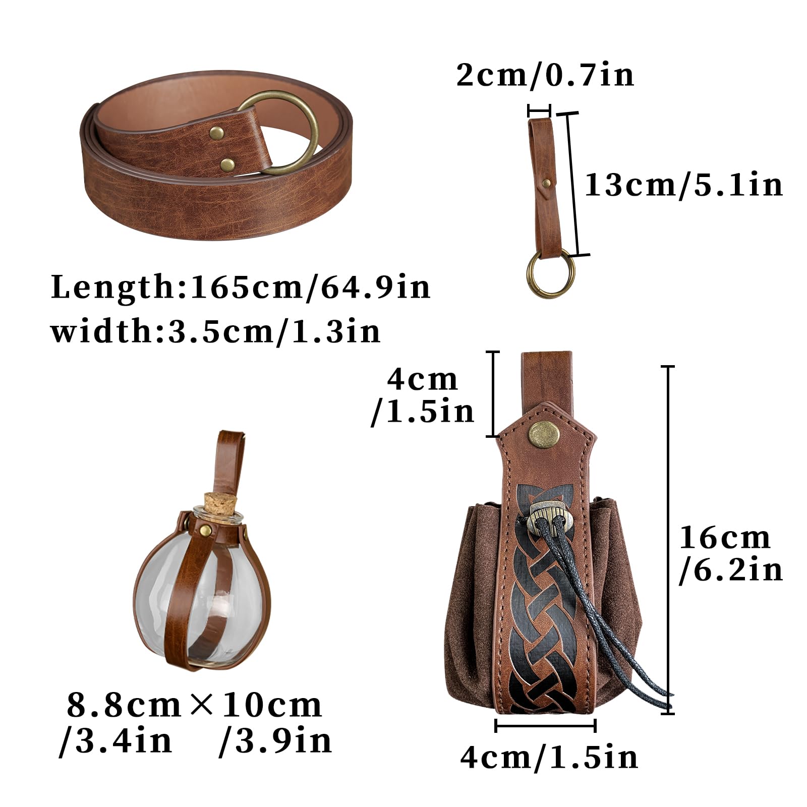 EpicCos Mittelalterliche Renaissance Kostüm Gürtel, Retro Zubehör mit Leder Beutel Getränk Flasche Rock Clips für Ren Faire Cosplay