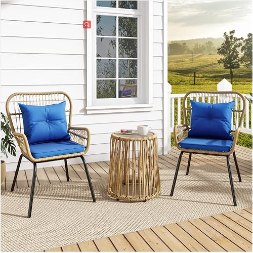 YITAHOME 3-Piece Wicker Bistro Set Outdoor Patio Furniture, All-Weather Rattan Conversation Chairs for Backyard, Balcony and Deck with Soft Cushions, Glass Side Table (Light Brown+Navy Blue)