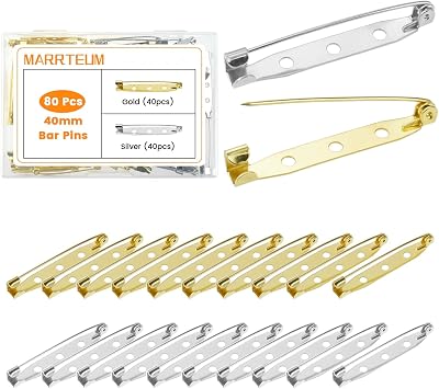 80 Pcs 40mm Bar Pins, Brooch Badge Safety Locking Pins Backs Clasps with 3 Holes for Name Tag, Jewelry, Toy and Corsage Making, DIY Craft Gold, Silver