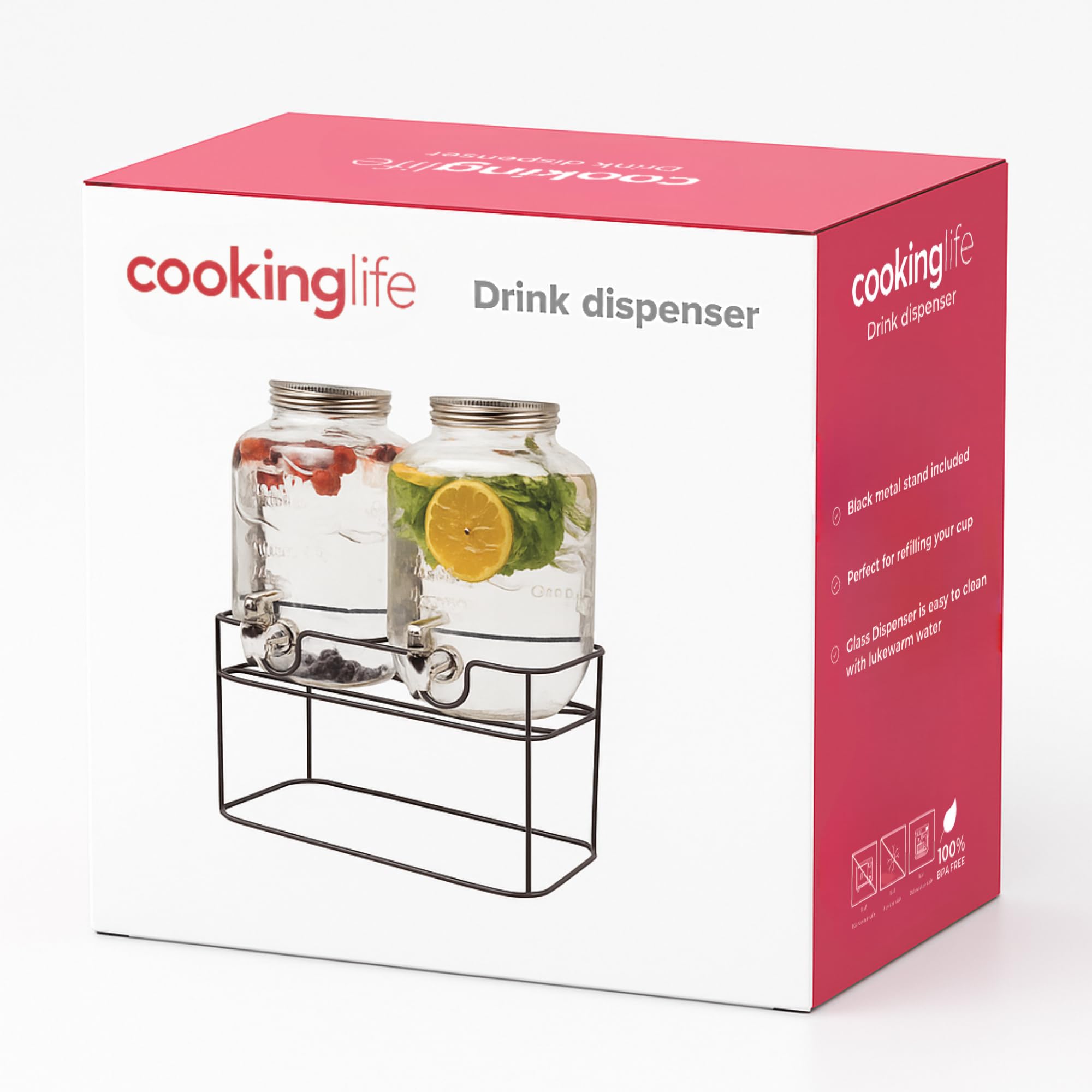 Cookinglife Distributeur de Boissons Double, Verre et Acier, Noir, 2 x 4 litres, avec Support