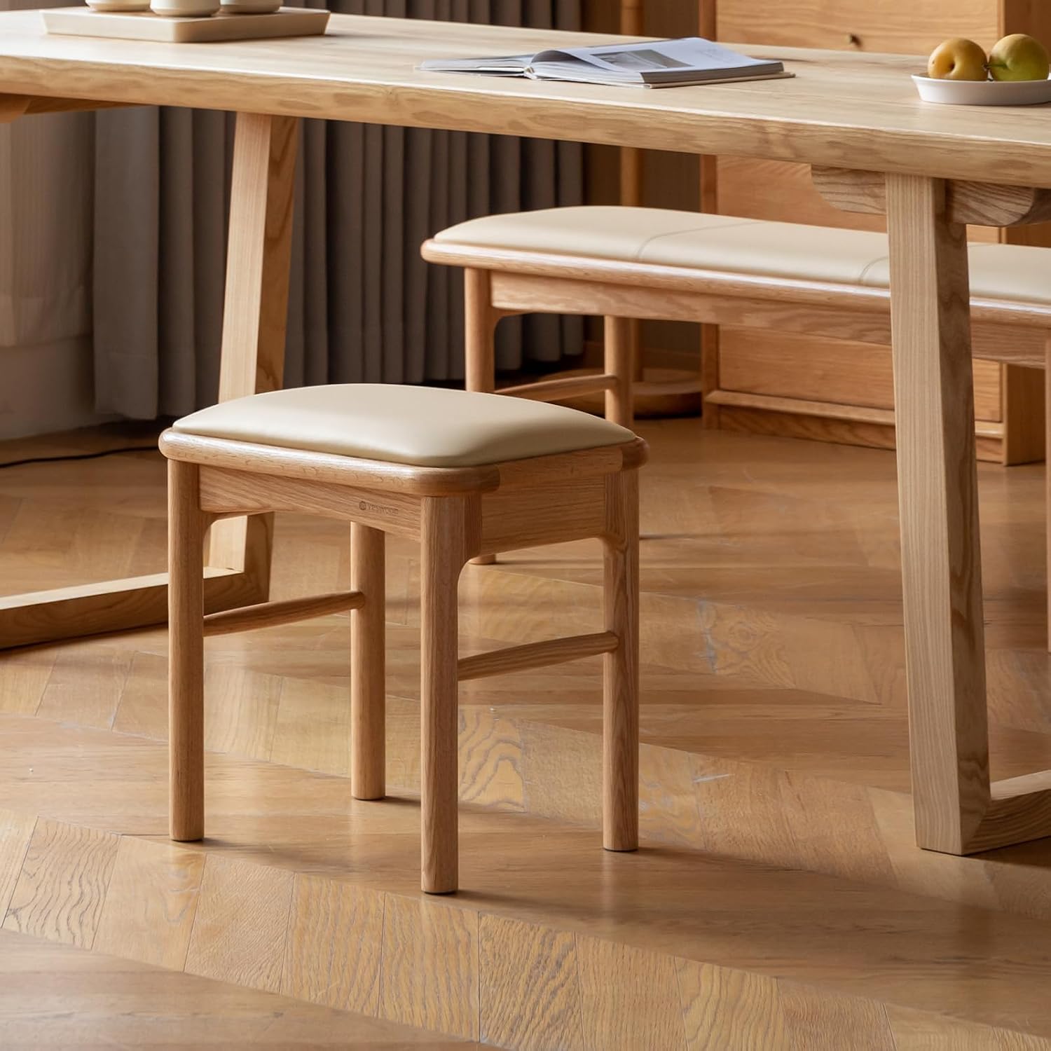 Upholstered Stool with Solid Wood Leg, Leather Padded Dining Ottoman Walnut Footrest Stool Bench Seat for Entryway Kitchen, Natural Oak,2pcs