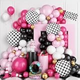 FunHot Pink Race Car Balloon Arch Garland Kit, Hot Pink Black Balloons Arch with Black and White Plaid Foil Balloons for Racing Car Theme Birthday Party Decorations