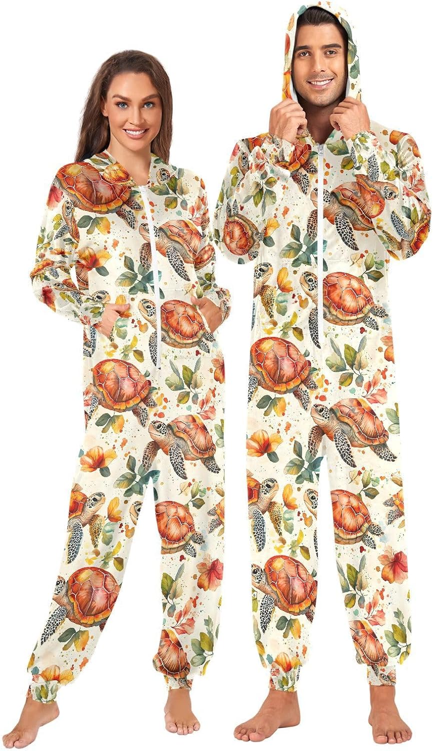 Turtle Nautical Ocean Coastal Adult Onesie Pajamas Novelty One Piece Costume Sleepwear Jumpsuits Matching PJS