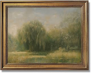 Framed Weeping Willow Tree by the Water Poster Canvas Print Vintage Aesthetic Painting Pictures Wall Decor Home Decor for Living Room Bedroom Apartment (Retro Framed,12L X16W)