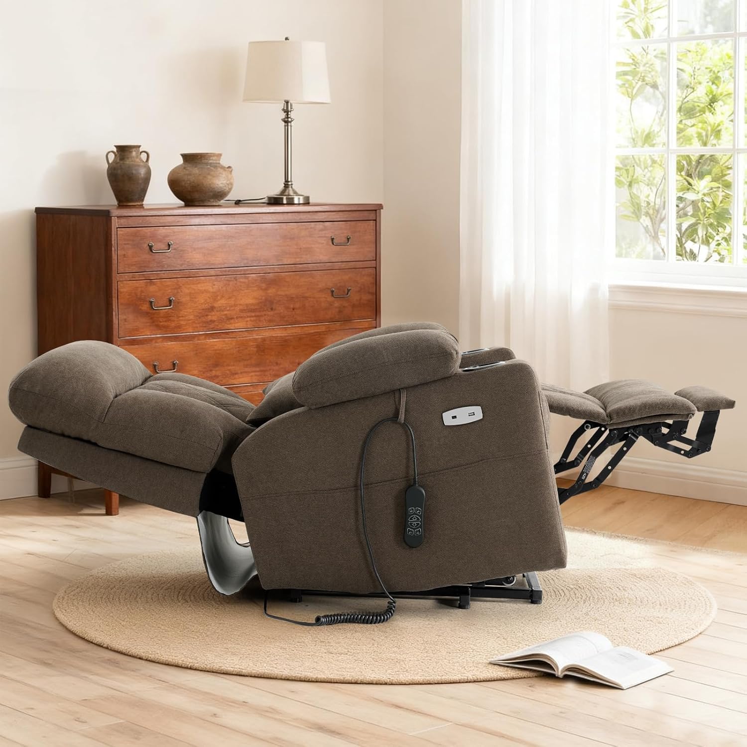 BEDHOURS Tri-Motor Power Lift Recliner Chair for Elderly, Zero Gravity Infinite Position Lay Flat Lift Chair w/Adjustable Headrest & Lumbar, Vibration Massage & Heat, Cup Holders, Brown