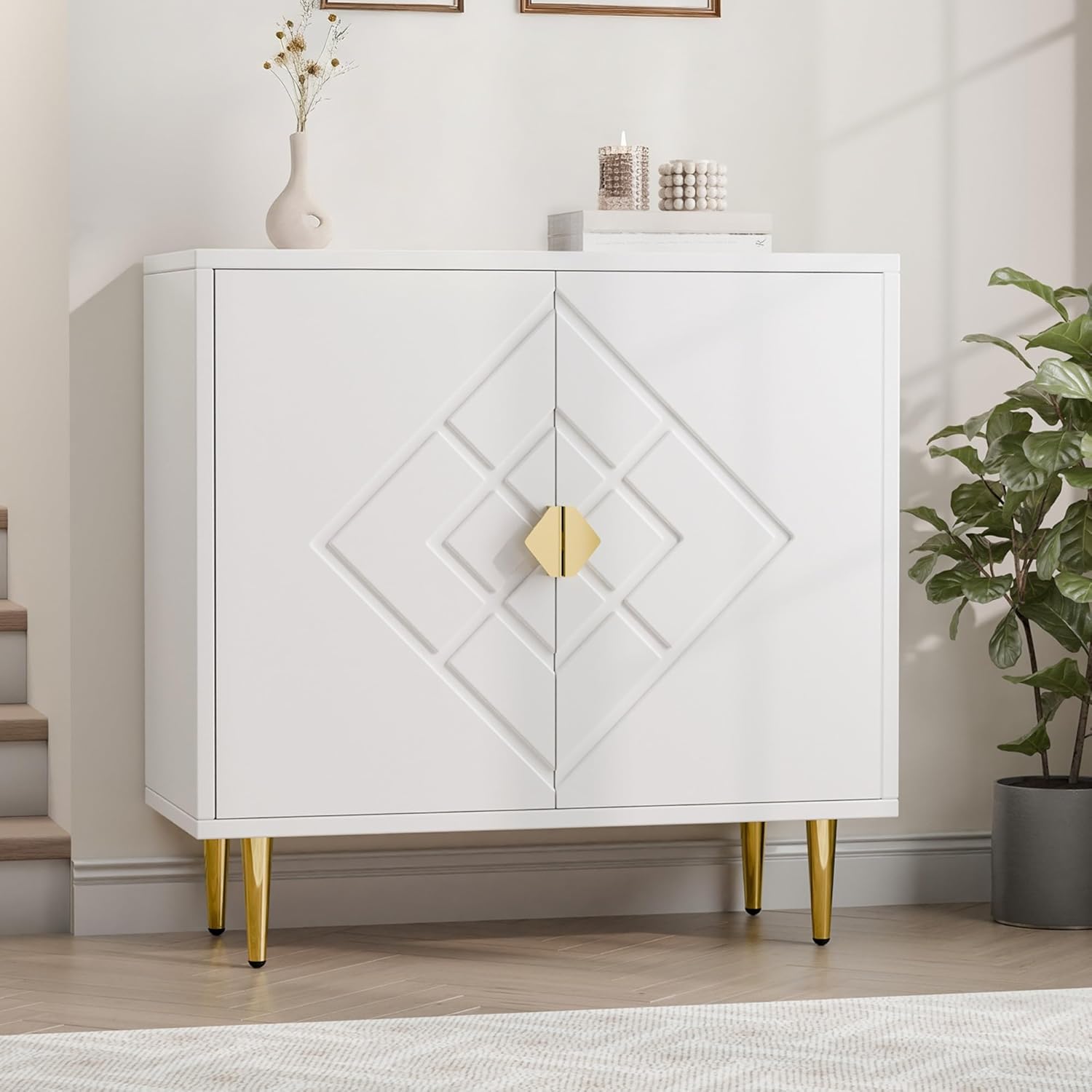 TOLEAD Storage Cabinet, Modern Accent Cabinet with Decorative Diamond Pattern Doors, Accent Sideboard Storage Cabinet for Living Room, Kitchen, Hallway, White