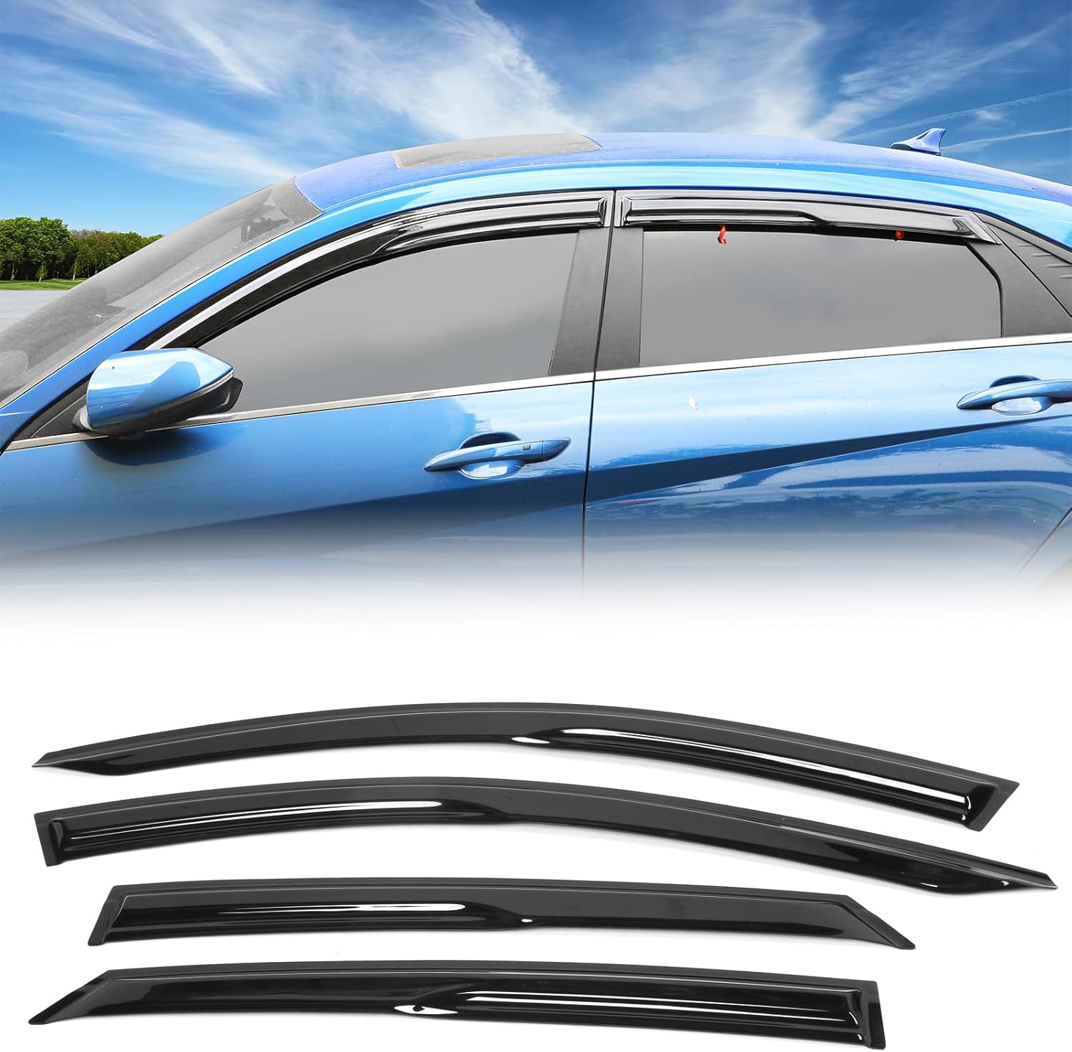 FREEMOTOR802 Tape-on Window Visors Compatible with 2021-2023 Hyundai Elantra Sedan, Side Wind Deflectors Rain Guards Vent Visors, Mugen Style Black Acrylic 4 Pieces