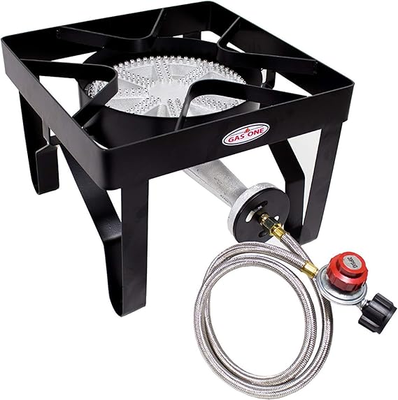 GasOne 200, 000 BTU Square Heavy- Duty Single Burner Outdoor Stove Propane Gas Cooker with Adjustable 0-20Psi Regulator & Steel Braided Hose Perfect for Home Brewing, Turkey Fry, Maple Syrup Prep