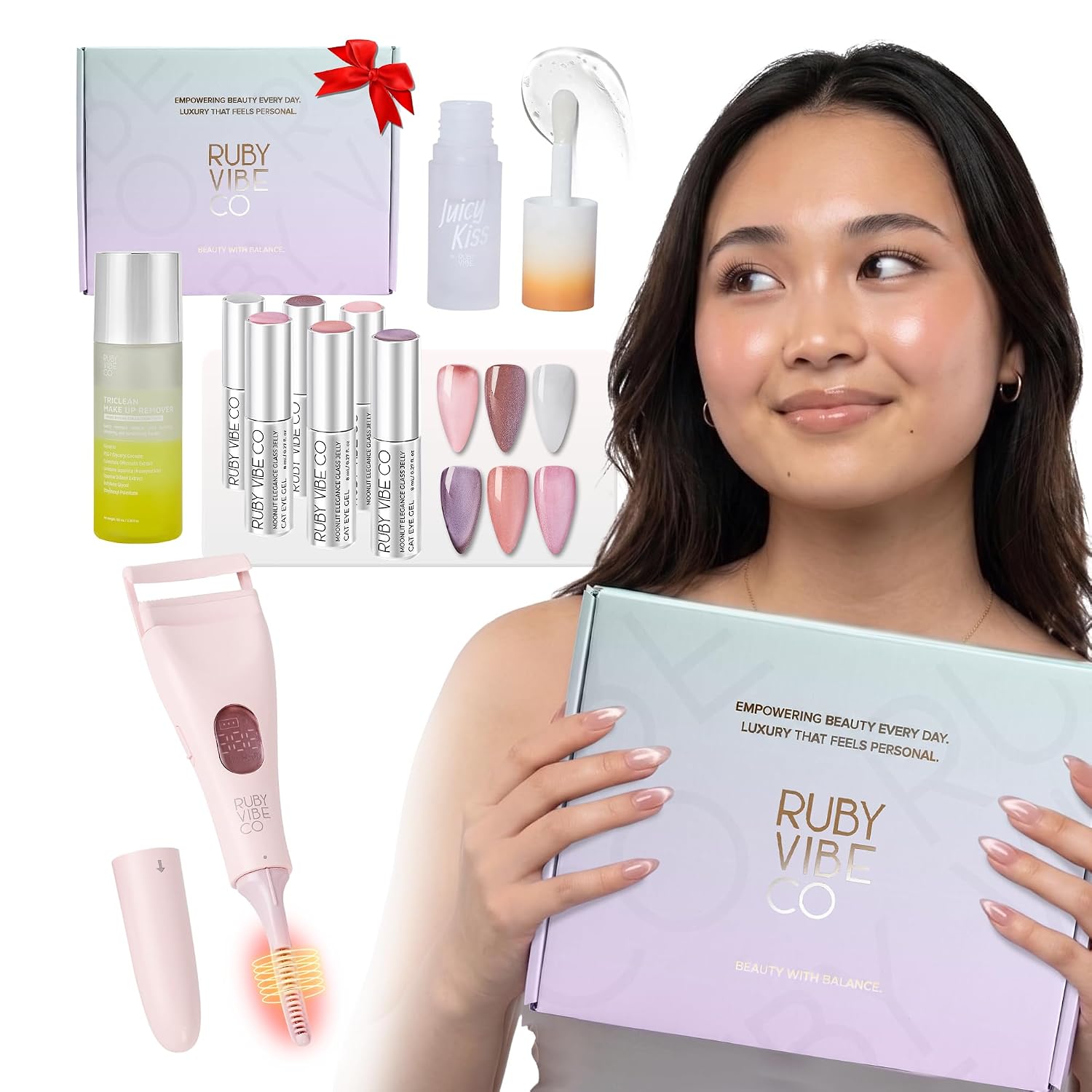 RUBY VIBE CO Self-Care Confidence Ritual Beauty Bundle with Heated Eyelash Curler, Cat Eye Gel, Tinted Lip Oil, Waterproof Makeup Remover