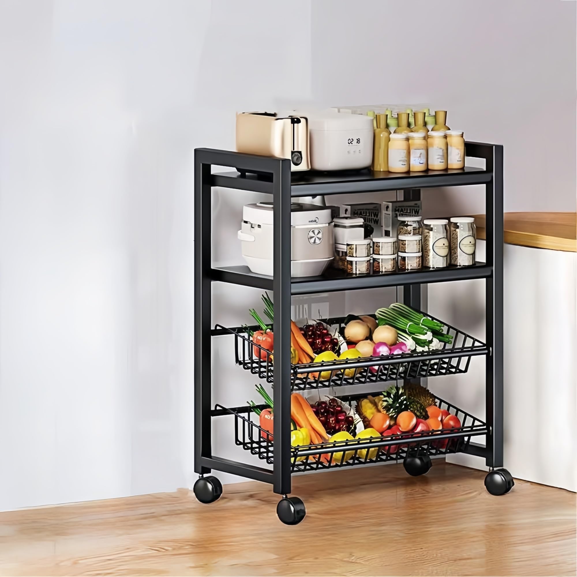 GLJTUO Five-Tier Rolling rage Rack Trolley for Pantry & Bathroom - Versatile Shelving Unit with Wheels Space-Saving,Black-40 * 30 * 107cm