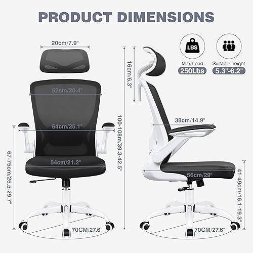 Miniatura 2 de Silla de oficina ergonómica, silla de escritorio para computadora cómoda con reposacabezas ajustable, soporte lumbar, reposabrazos abatibles, sillas