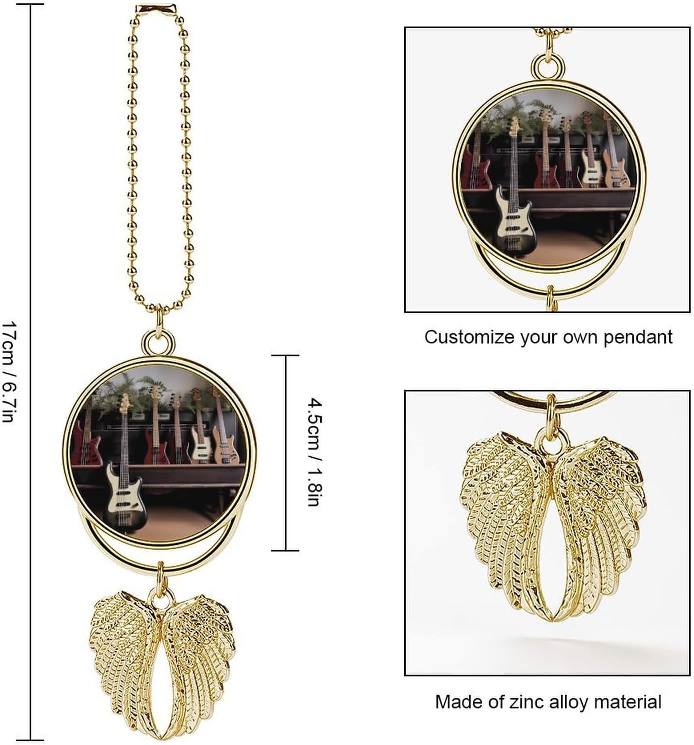 Personalized Photo Memorial Pendant Decor, Rearview Mirror Charm Guitar Bass Music Musical Instruments Hanging Ornament with Angel Wings, Car Interior Decor Accessories, Ideal Gifts for Family image 2