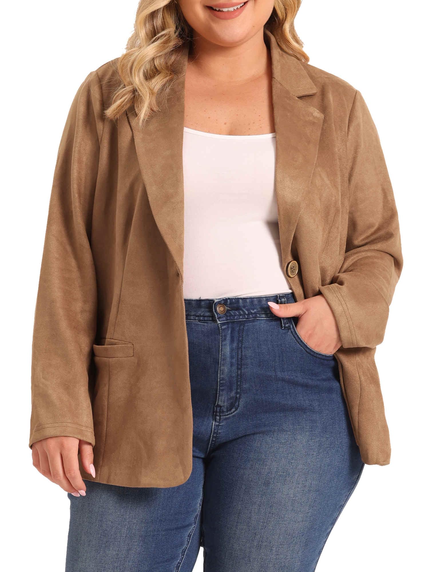 Agnes Orinda Plus Size Faux Suede Jacket for Women Lapel Collar Button Front Long Sleeve Work Casual Blazer Jackets