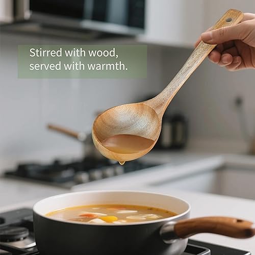 Miniatura 3 de Utensilios de madera para cocinar, 11 cucharas de madera de acacia natural y utensilios de cocina, espátula antiadherente, cuchara de servir para