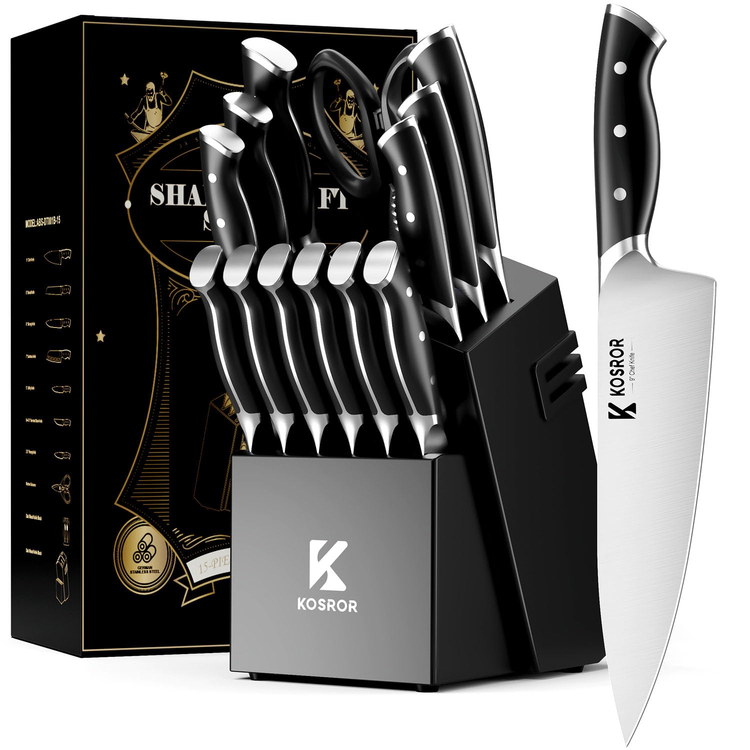 Knife Block Set - KOSROR 15 PCS German Stainless Steel Kitchen Knife Set with Block and Sharpener -