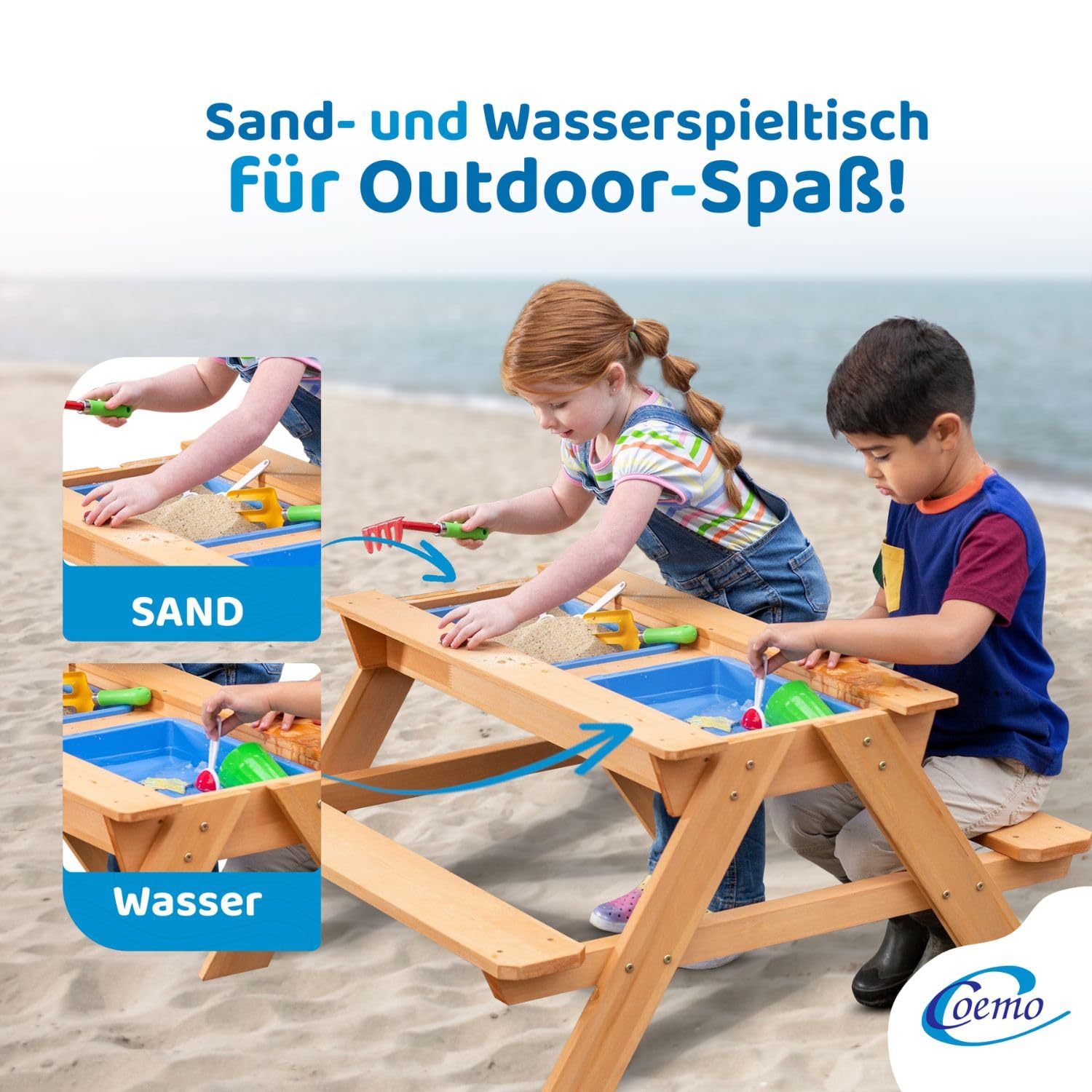 Coemo 2 in 1 Kindersitzgruppe aus Massivholz, Matschküche | Sand- und Wasserspieltisch für 4, Kinder-Picknicktisch mit 2 Bänken, abnehmbare Wannen, für drinnen & draußen