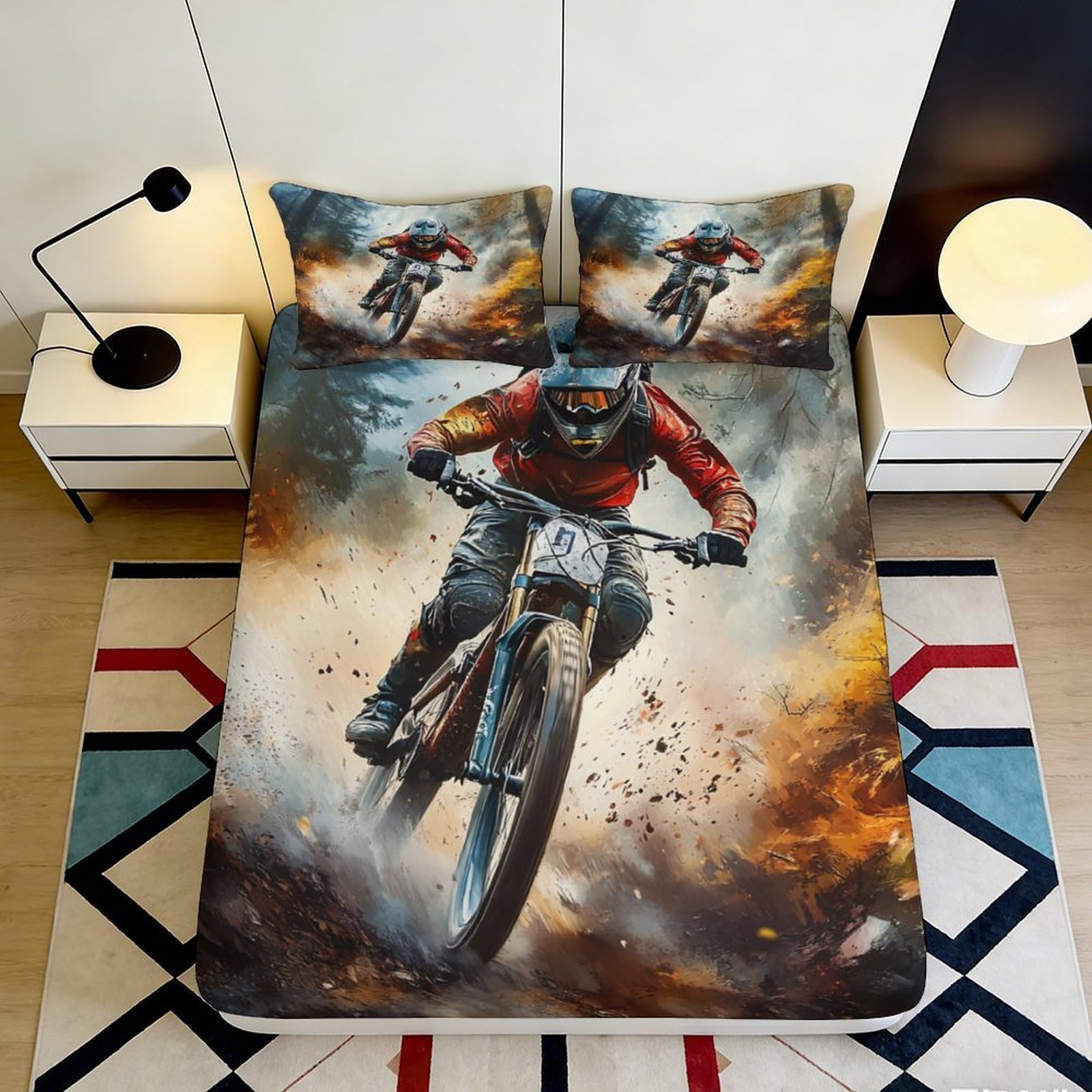 3D Printed Mountain Bike Trail Fitted Sheet Microfiber Non-Slip Extreme Sports Mattress Cover for Bedroom Dorm Decor 180x200x25cm