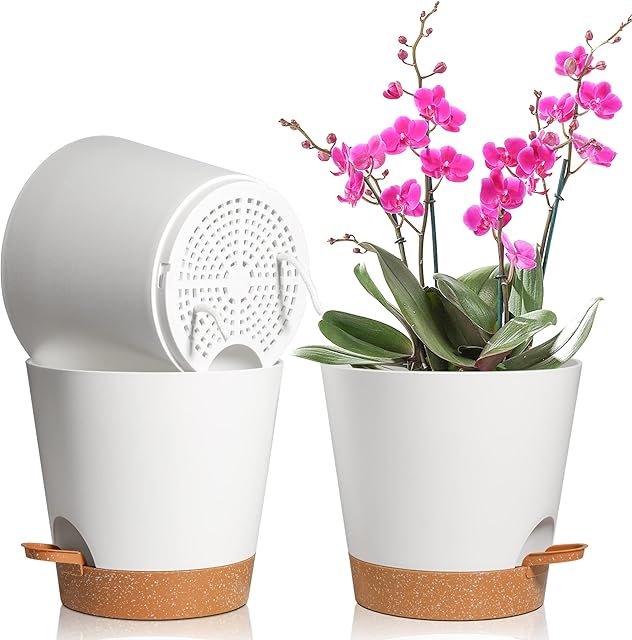 T4U 20CM Plastic Plant Pots 3-Pack, White Self Watering Plant Pots with Saucer, Indoor Decorative Modern Bonsai Planter for Flower, Snake Plant, African Violet, Aloe, Orchid, Rose, Penoy