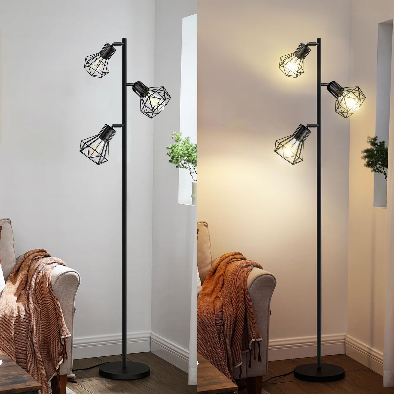 BBHome Lampada da terra industriale, lampada da terra ad albero di fattoria con teste a gabbia regolabili, lampade da terra rustiche per ufficio camera da letto soggiorno, nero (lampadine non incluse)