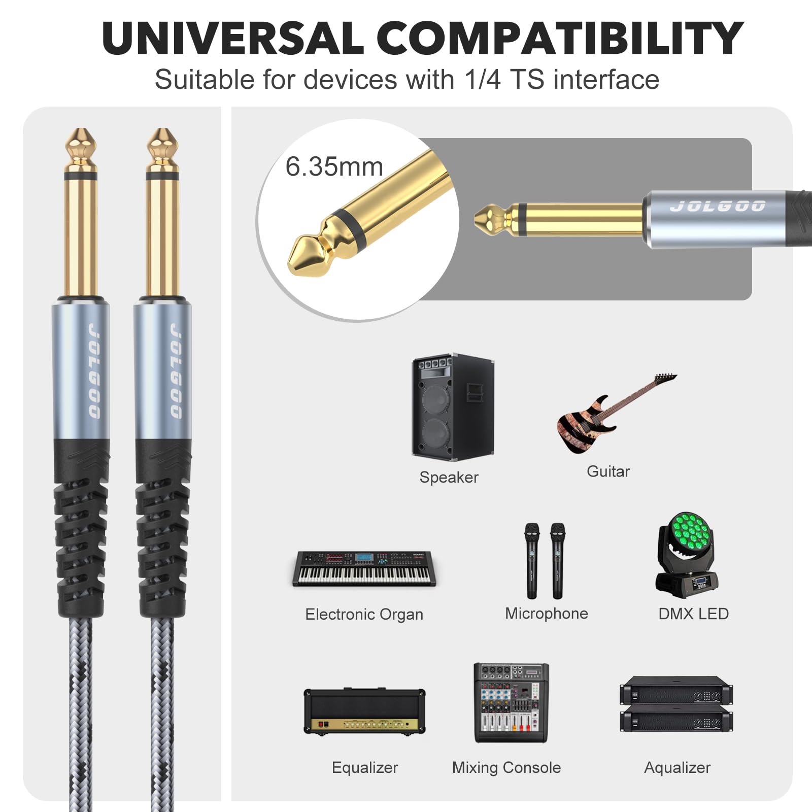 JOLGOO 1/4 Inch Guitar Instrument Cable 2-Pack, 1/4 inch TS Guitar Cable, Quarter inch Cable, for Electric Guitar Bass - Image 2