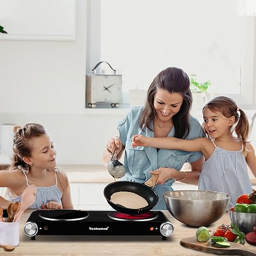 Miniatura 7 de Techwood - Placa eléctrica doble de 1800 W para cocinar, quemador infrarrojo de cerámica para encimera con temperatura ajustable dual y placa de