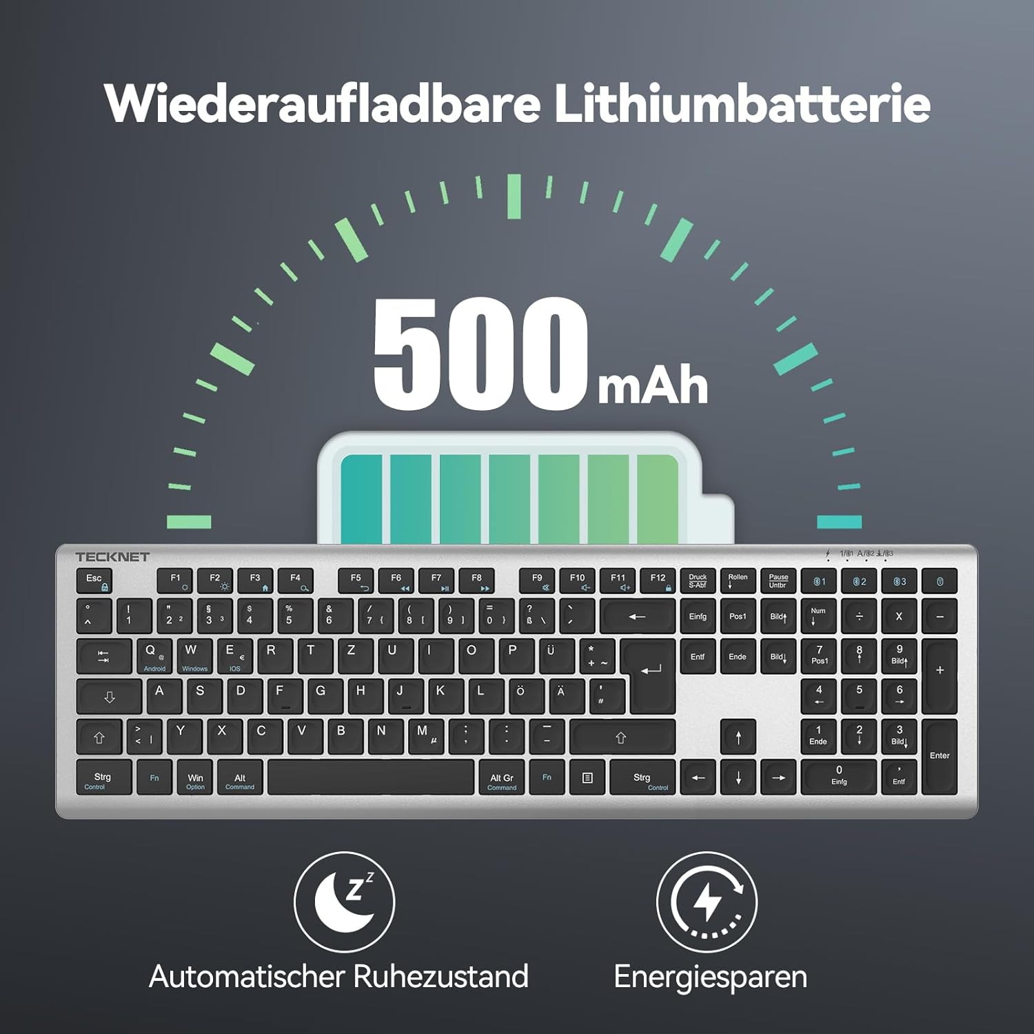 TECKNET billentyűzet akkumulátor és töltés