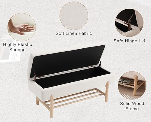 Miniatura 10 de Shunzhi Banco de entrada, moderno banco otomano tapizado con tapa abatible de tela de lino, banco otomano con marco de maderaestante para sala de