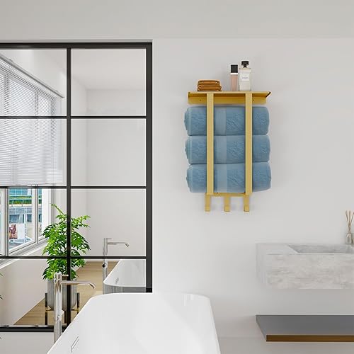 Miniatura 2 de Toalleros dorados para baño, estantes de almacenamiento de toallas con estante montado en la pared, soporte para toallas de mano con 3 ganchos para