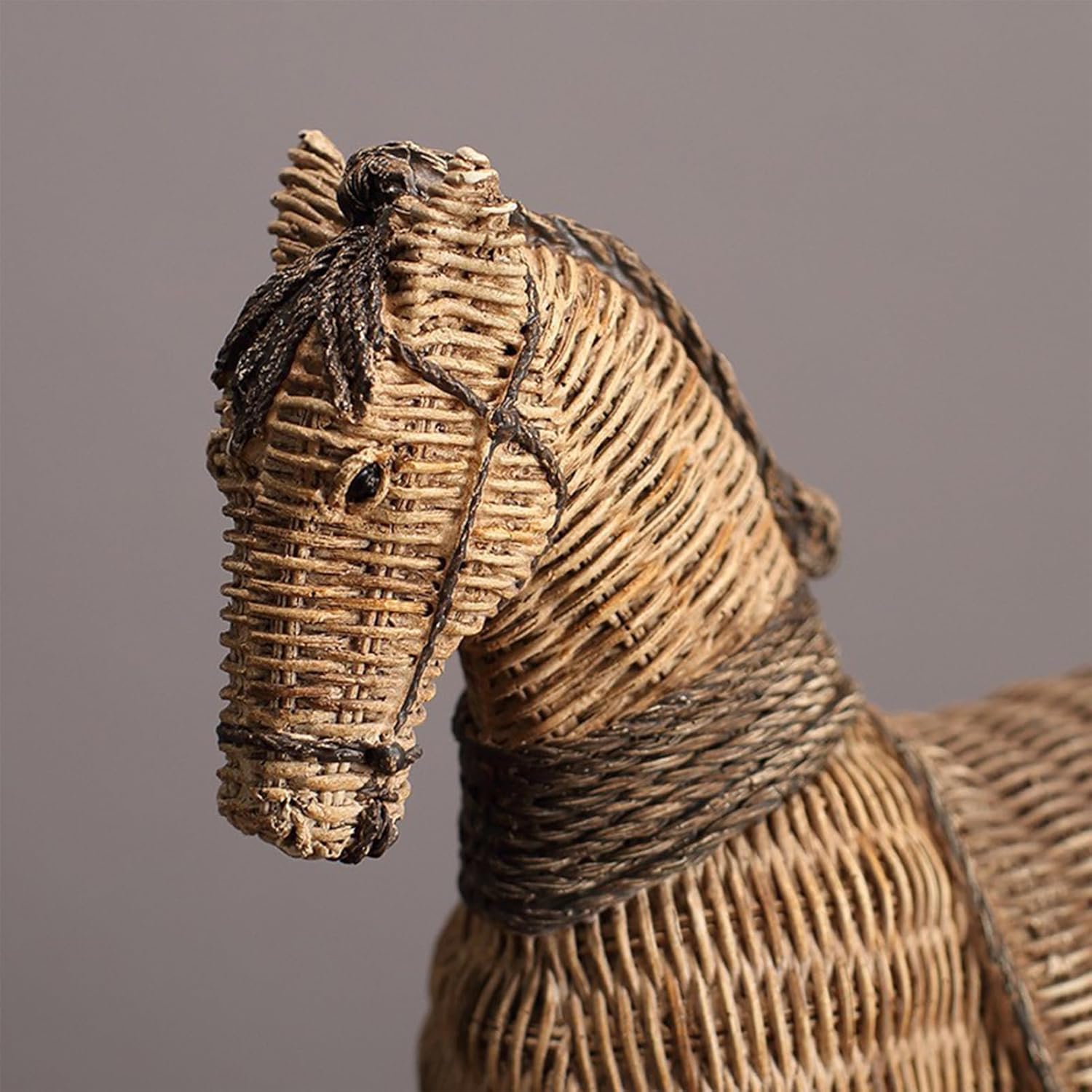 Rustic Horse Statue, Unique Rattan-Style Decor for Office & Home - Hand-Painted Resin Sculpture - Gift for Horse Lover
