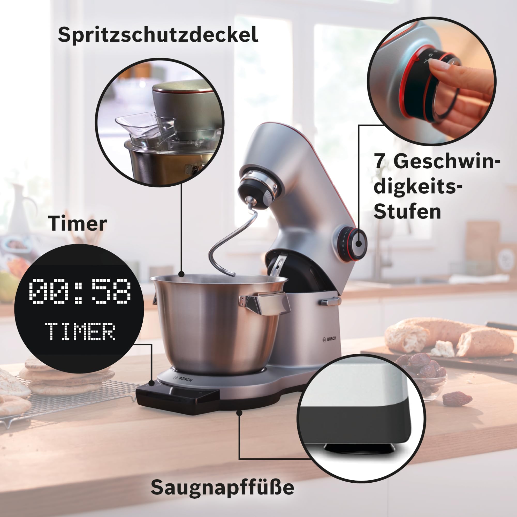 Bosch Küchenmaschine Serie 8 MUM9DT5S41, Edelstahl-Schüssel 5,5 L, integrierter Timer, ohne Waage, diverses Zubehör, Planetenrührwerk, Profi-Knethaken, Schlag-, Silikonbesen Edelstahl, 1600 W, silber