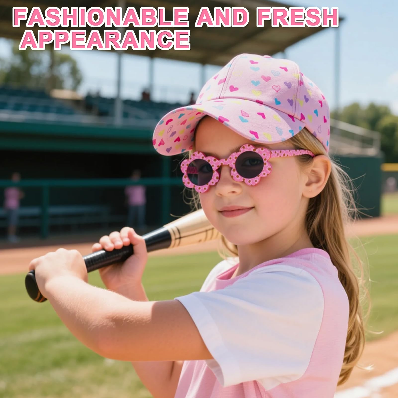 Gorra de niña con Visera + Gafas de Sol Florales Set de Verano Transpirable Ajustable 52-56 cm Rosa