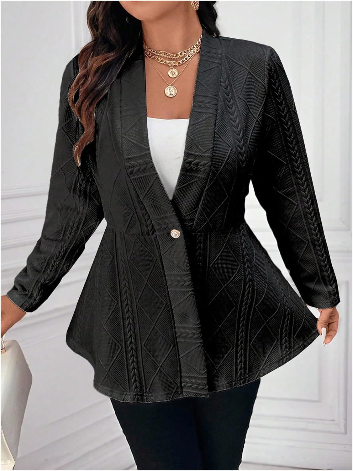 Milumia Women's Plus Size Textured Button Down Blazer V Neck Ruffle Hem Jacket - Image 5