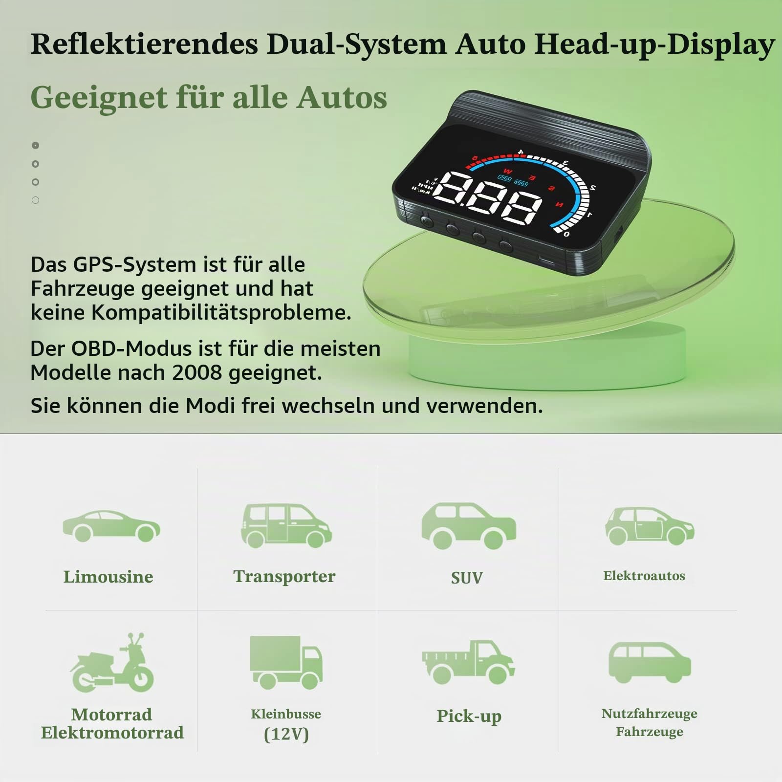 Auto HUD Head up Display, OBD2 & GPS Dual Modes HUD, Tachometer, KM/H und MPH, Kompatibel mit Allen Autos …