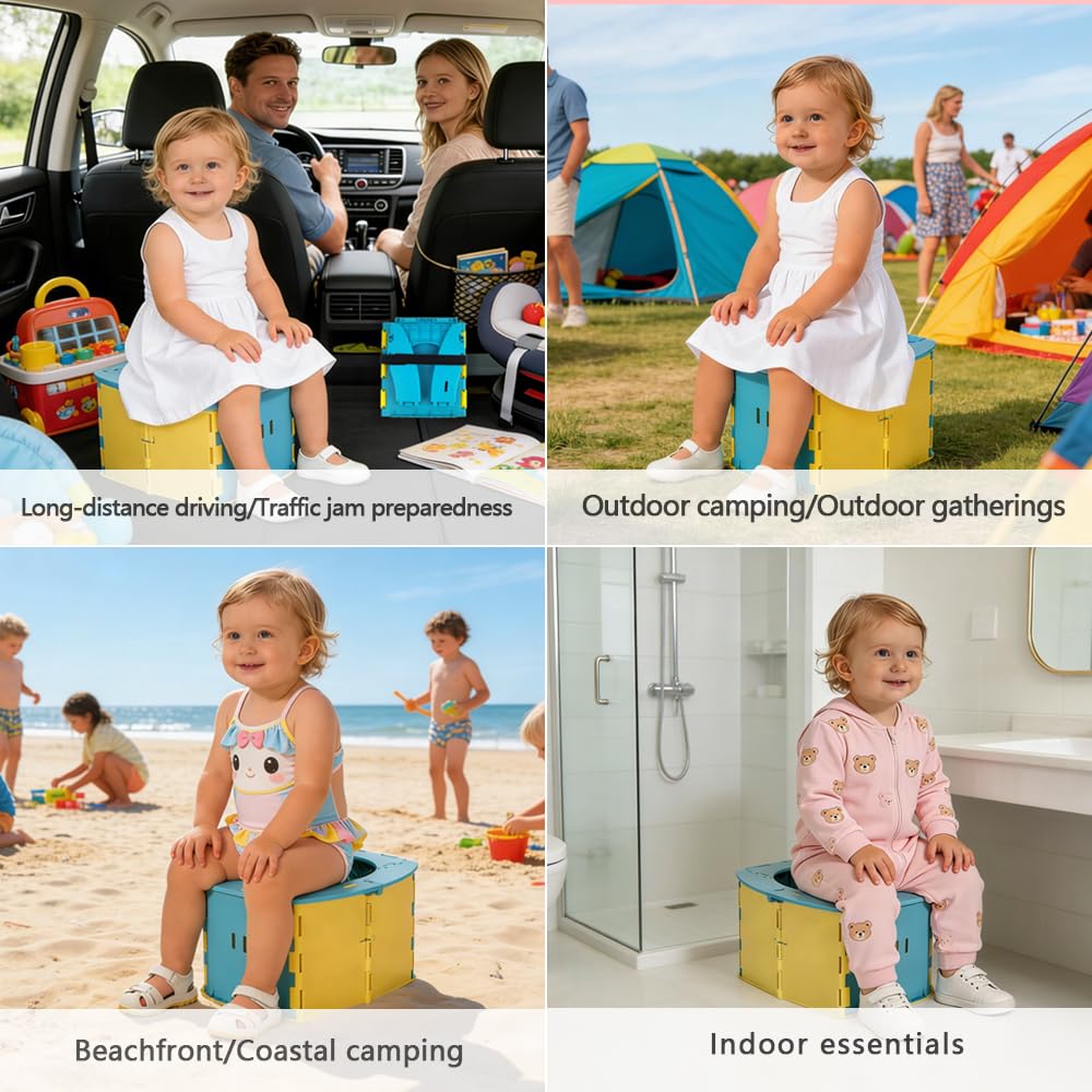 Toilette per Bambini Portatile，Vasino da viaggio per bambini Sedile WC pieghevole con 10 borse usa e getta，Allenamento vasino per Interni ed Esterni