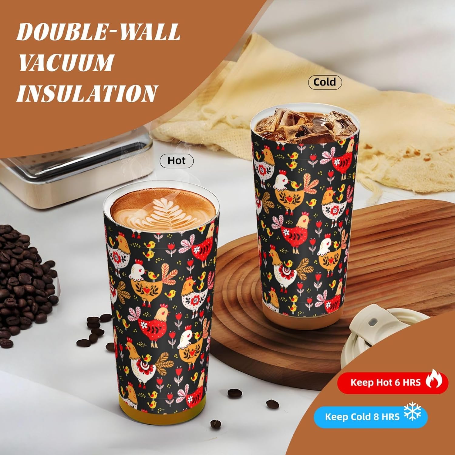 Cute Rooster Chickens Print Leakproof Insulated Coffee Mug,Stainless Steel Dual Drink Travel Tumbler,17 OZ
