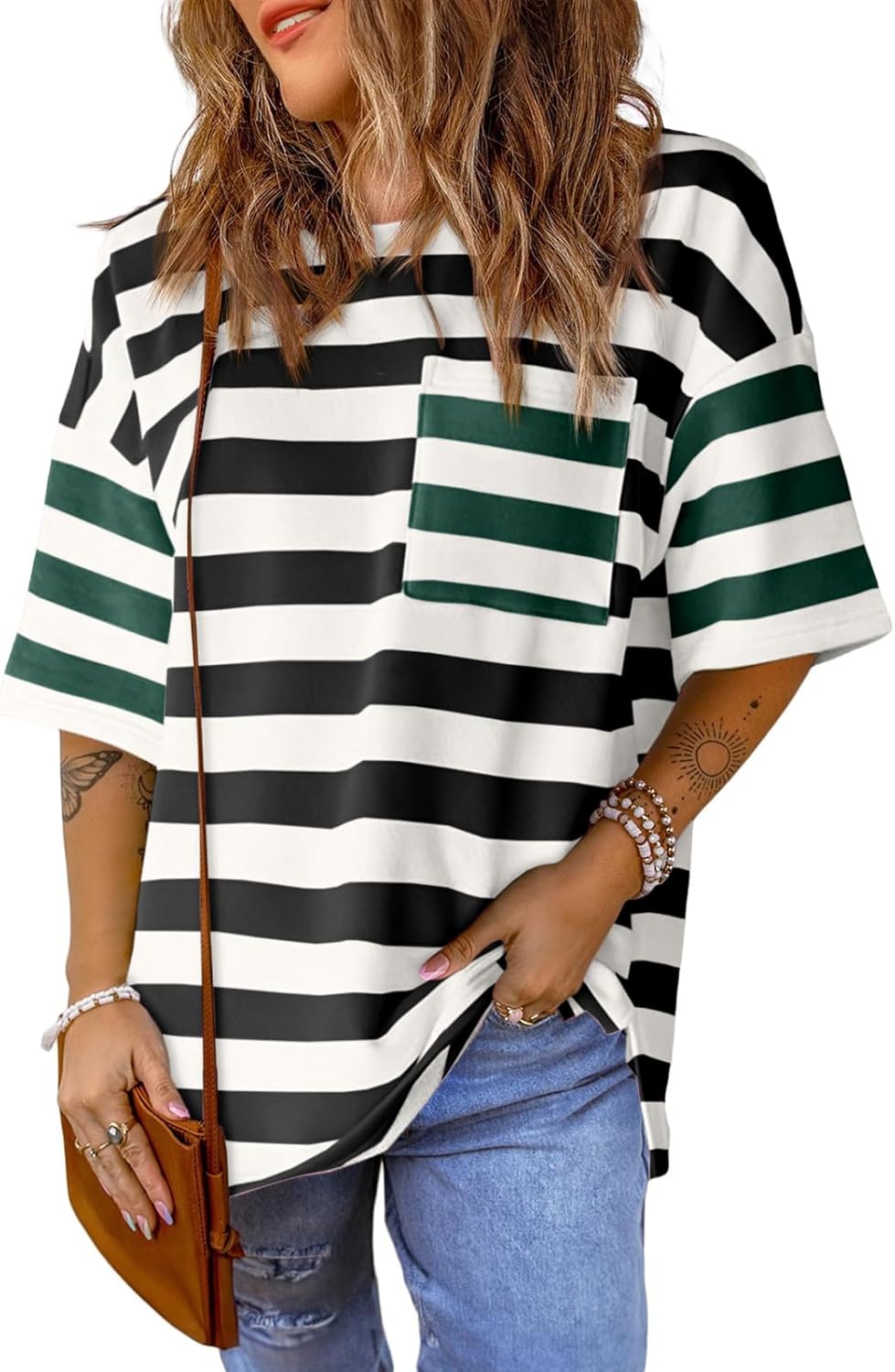 Womens Oversized Color Block Striped Tshirts Summer Casual Short Sleeve Tops Loose Fit Crew Neck Shirts